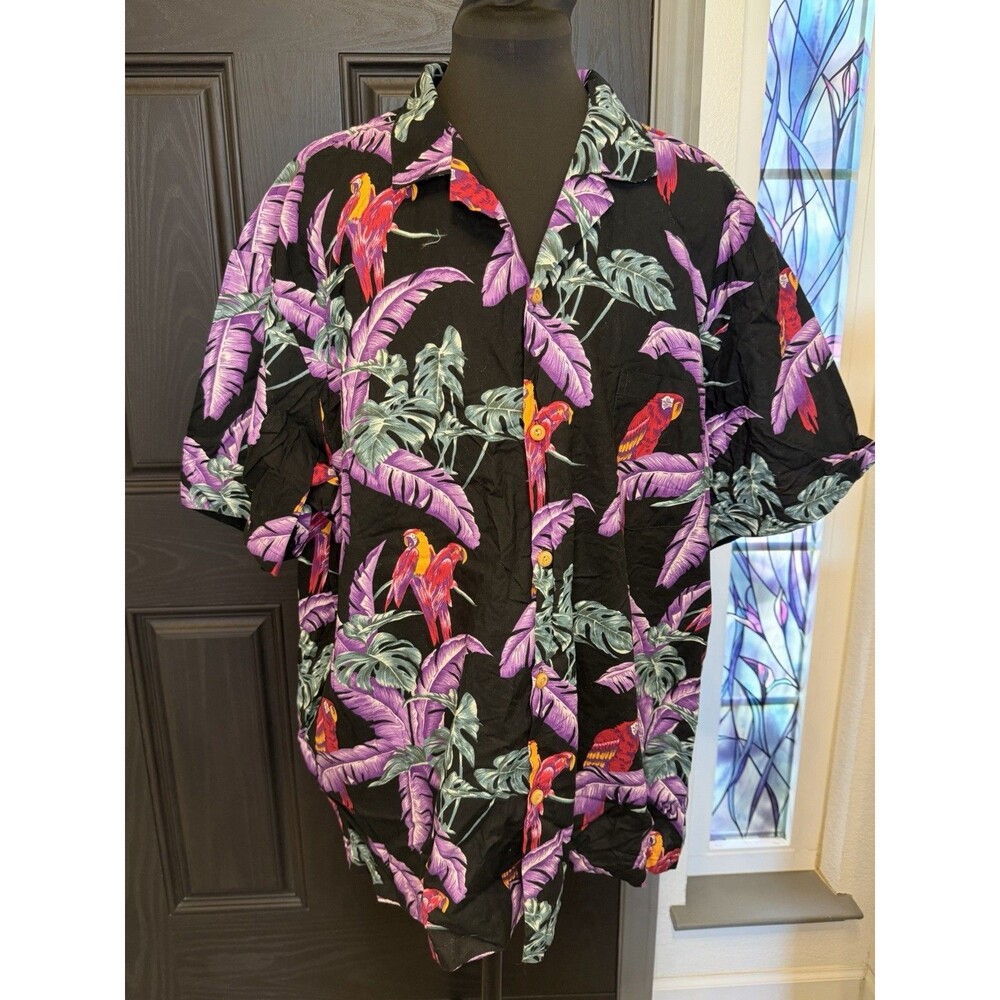 Paradise Found Mens XXL Magnum PI Parrot Hawaiian Shirt Made USA Black Vintage